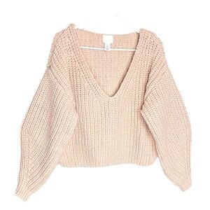 H&M Chunky Knit Deep V-Neck Sweater Cropped Women’s Size Large